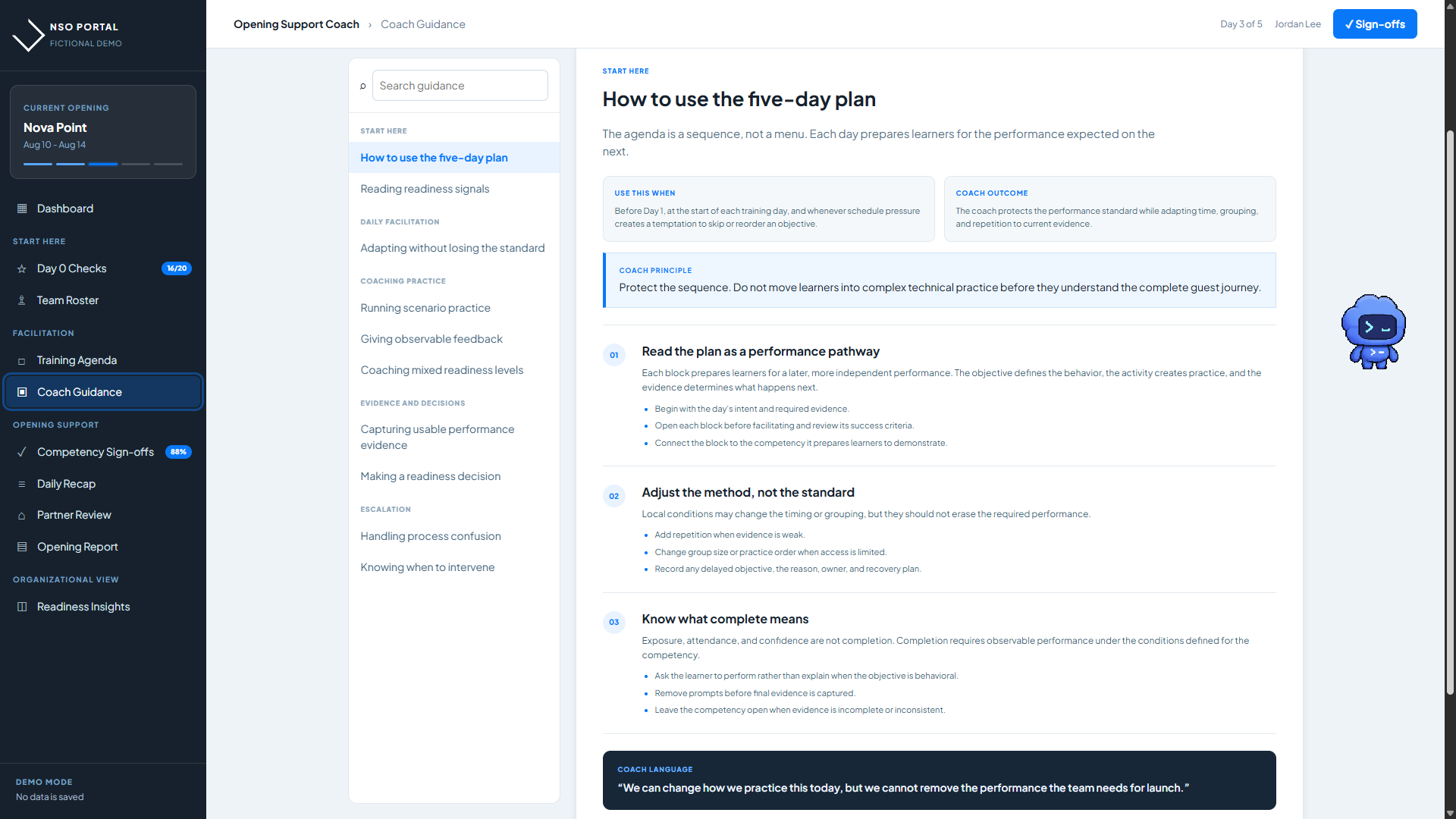 New Store Opening Portal screen showing structured coach guidance for a five-day opening.