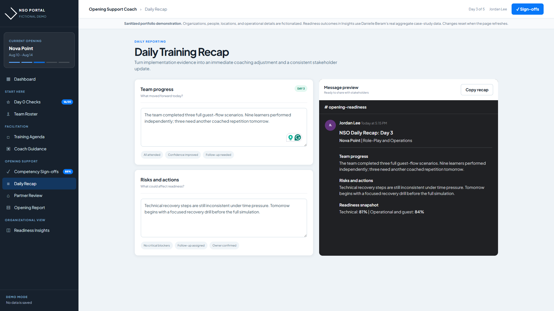 Daily recap interface with stakeholder message preview